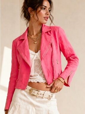 Y2K VEX Designer Moto Linen like Crop Perfecto Blazer Gold Zip Coral Sz 8